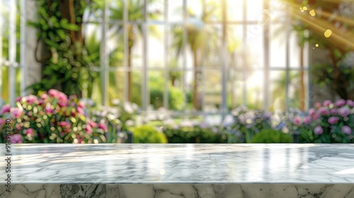 Marble-topped elegant product display with blurred window and garden background.