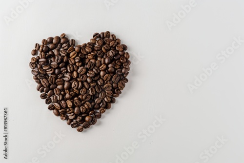 Heart-shaped roasted coffee beans on a white background.