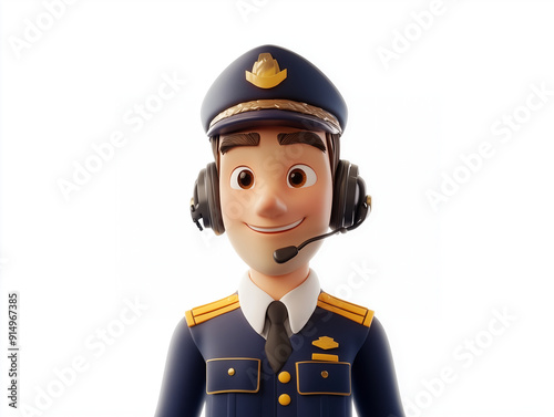 3d rendered pilot head and torso in a uniform holding a headset with a confident and focused expression on a white background 4k