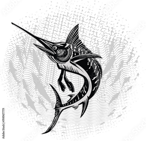 black and white illustration of a Marlin fish under water