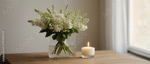A high-quality photograph of a minimalist still life with a modern vase, white flowers, and candles on a wooden table.