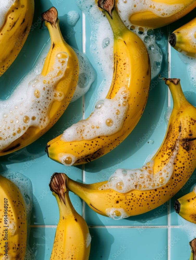 Many bananas with freckled pile and shampoo foam Many bananas with freckled pile and shampoo foam