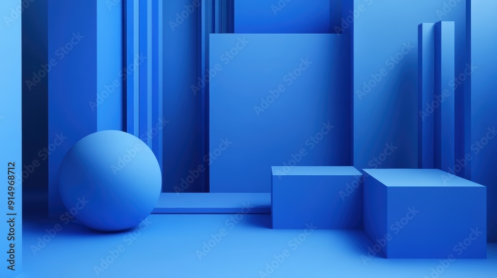 An abstract arrangement of blue-toned geometric shapes in a minimalist style, showcasing a harmonious balance between spheres and rectangular forms. An abstract arrangement of blue-toned geometric shapes in a minimalist style, showcasing a harmonious balance between spheres and rectangular forms.