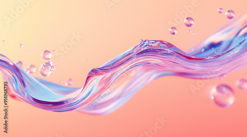 pink and blue wavy liquid, with bubbles floating on it. The background is a gradient from light soft yellow to peach color.