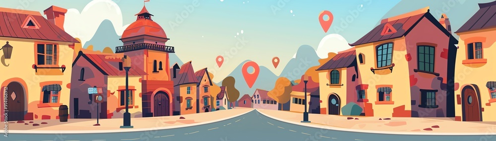 Charming downtown street with colorful houses, blue sky, and location markers, blending modern technology with a classic feel. Charming downtown street with colorful houses, blue sky, and location markers, blending modern technology with a classic feel.