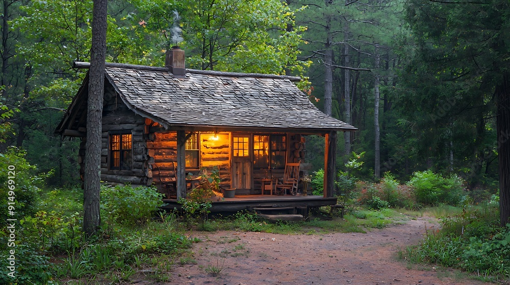 Rustic wooden cabin nestled in emerald forest, a timeless retreat from modern world Rustic wooden cabin nestled in emerald forest, a timeless retreat from modern world