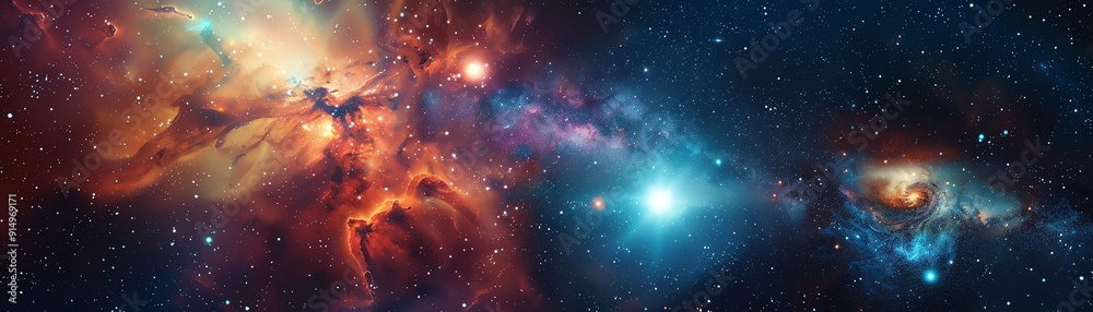 Obraz premium Stunning cosmic nebula with vibrant colors and twinkling stars, capturing the breathtaking beauty of outer space.