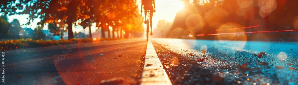 Runner on a path during sunrise, with sunlight casting warm tones on the tree-lined road, capturing the essence of morning exercise. Runner on a path during sunrise, with sunlight casting warm tones on the tree-lined road, capturing the essence of morning exercise.