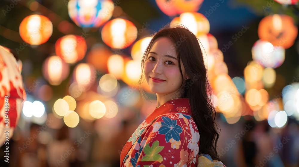 夏祭りで笑顔の美しい日本人女性 夏祭りで笑顔の美しい日本人女性