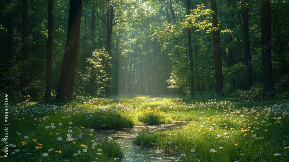 A peaceful forest clearing with wildflowers and a stream, sunlight filtering through the trees A peaceful forest clearing with wildflowers and a stream, sunlight filtering through the trees