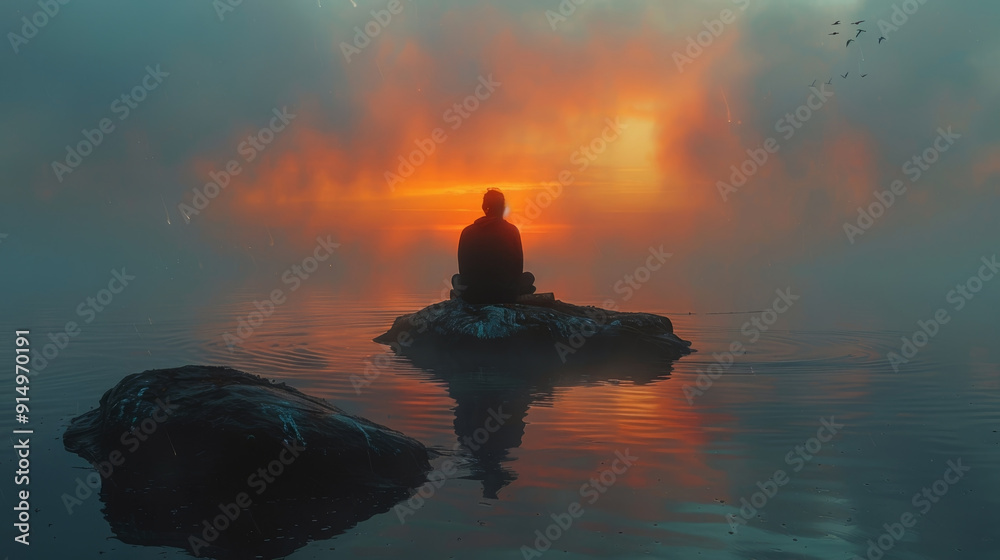 a panoramic view of a silhouette of a lone wanderer on a wooden raft, sailing into the twilight on a vast ocean