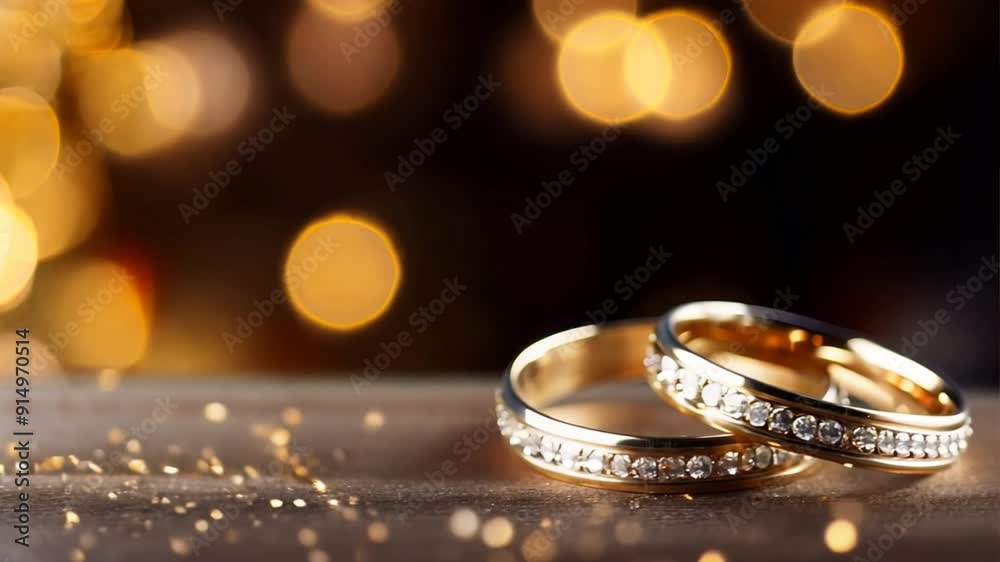 pair of gold wedding rings with gold bokeh background left blank space.