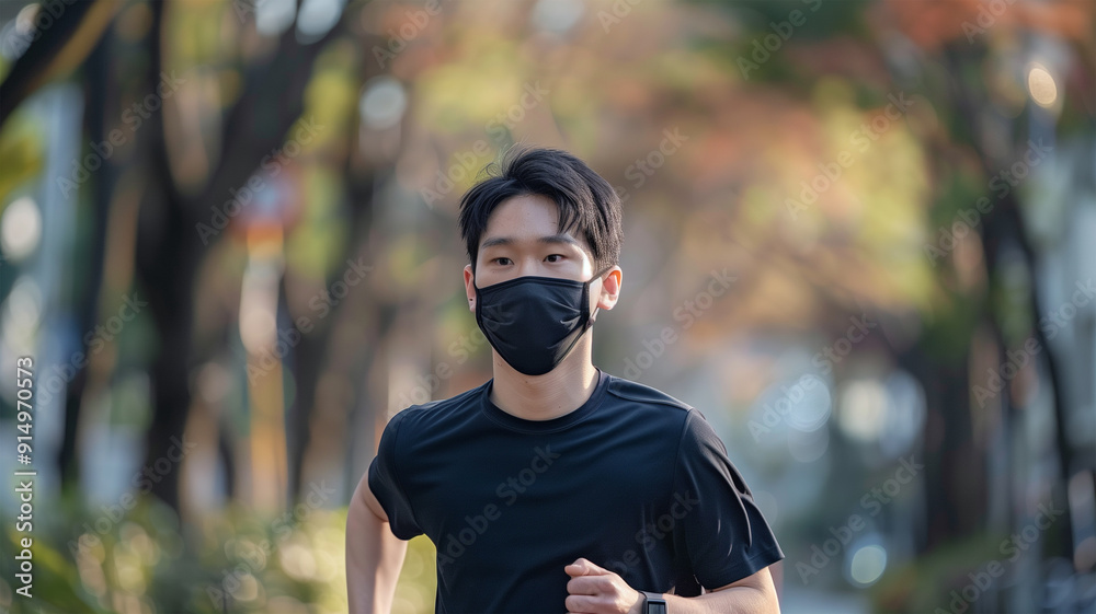 公園でジョギングするマスクを着けた日本人男性 公園でジョギングするマスクを着けた日本人男性