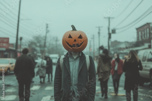 Terrifying Carved Pumpkin-Headed Man Walking Down the Streets photo