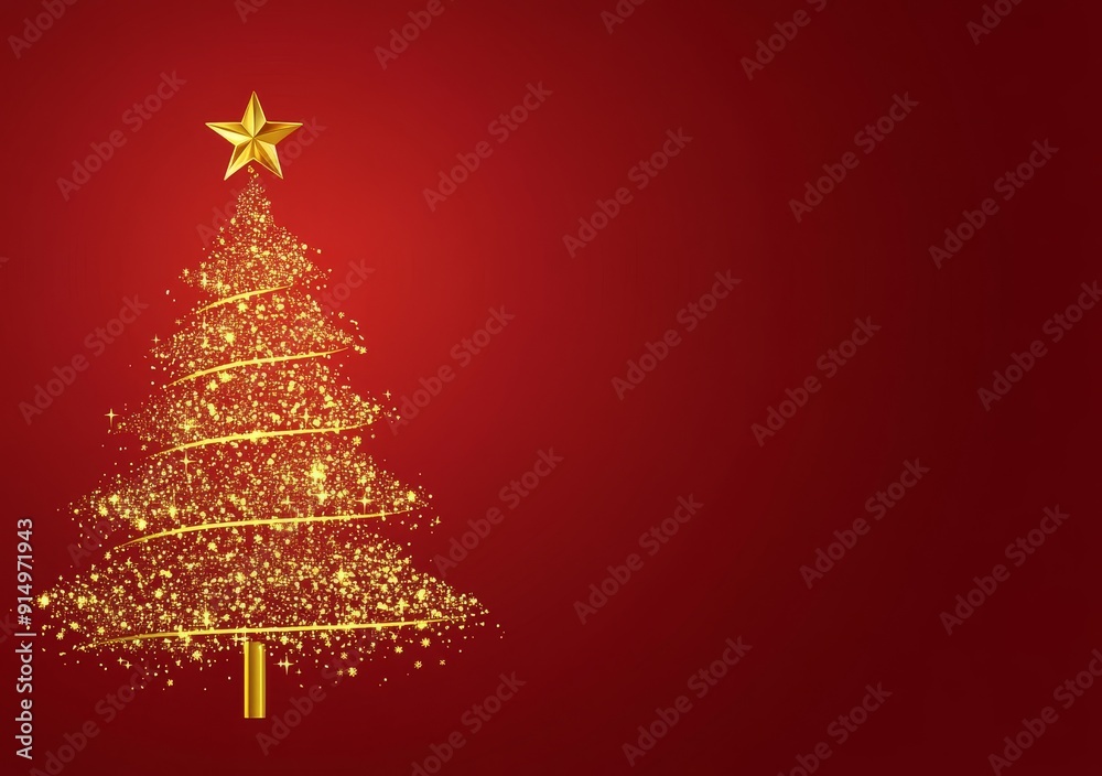 Red background with golden Christmas tree, Christmas card background design, Christmas poster, greeting cards, brochures and posters, advertising banner, postcard, space for text. Generative AI