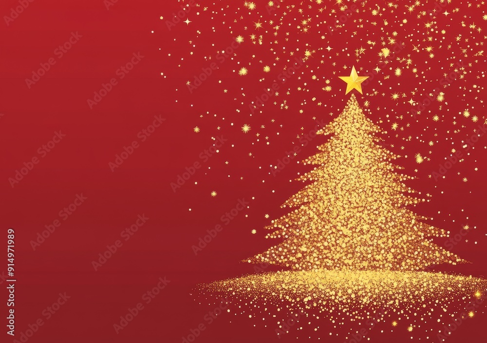 Red background with golden Christmas tree, Christmas card background design, Christmas poster, greeting cards, brochures and posters, advertising banner, postcard, space for text. Generative AI Red background with golden Christmas tree, Christmas card background design, Christmas poster, greeting cards, brochures and posters, advertising banner, postcard, space for text. Generative AI
