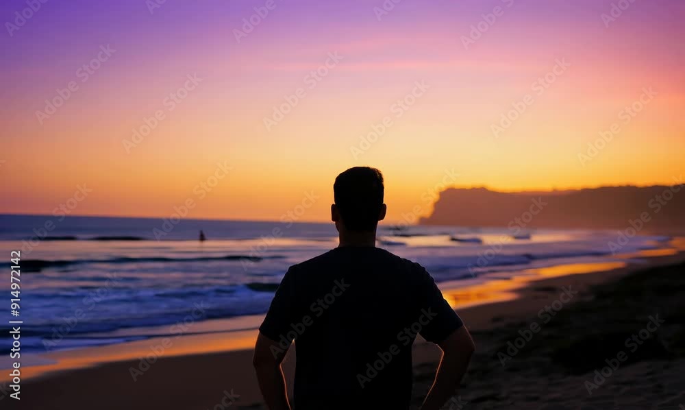 Silhouette of young man standing on the beach at sunset. Silhouette of young man standing on the beach at sunset.