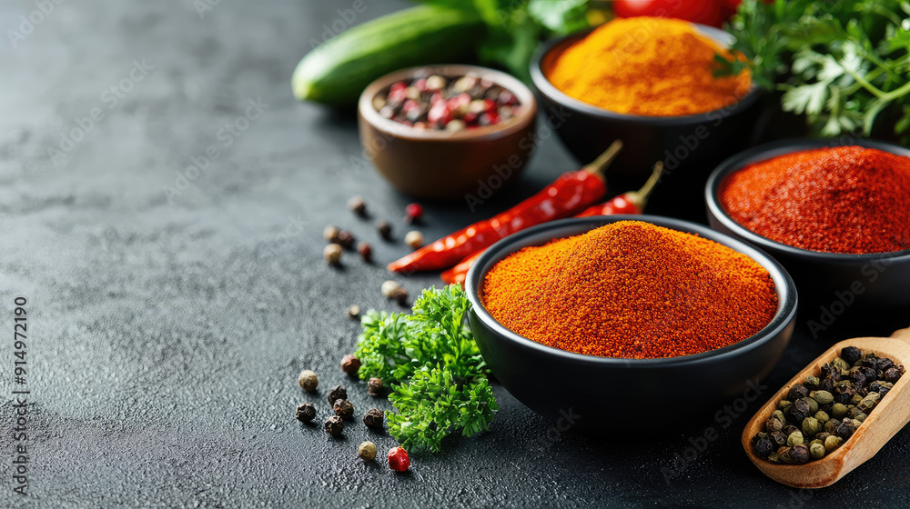 Vibrant spices in bowls on a dark background, showcasing the rich colors and textures of fresh culinary ingredients. Vibrant spices in bowls on a dark background, showcasing the rich colors and textures of fresh culinary ingredients.