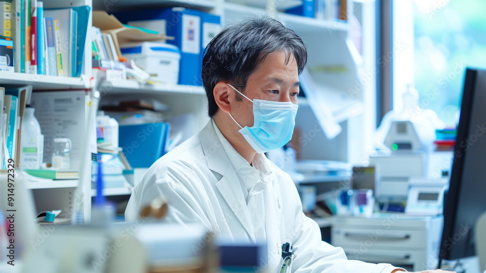 オフィスでマスクを着けてコンピュータを操作する日本人医師