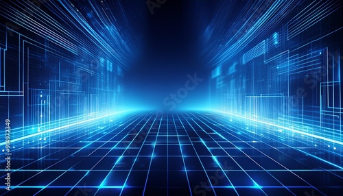 Digital abstract background with glowing blue lines and grid pattern depicting futuristic technology and innovation