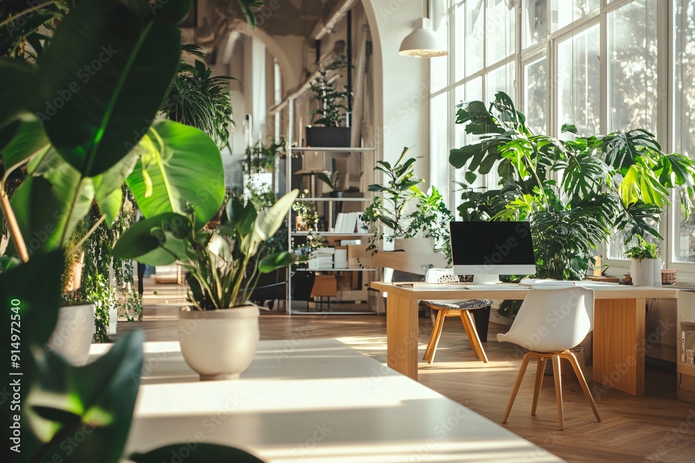Eco friendly design in a green tech startup office, showcasing sustainable business practices Eco friendly design in a green tech startup office, showcasing sustainable business practices