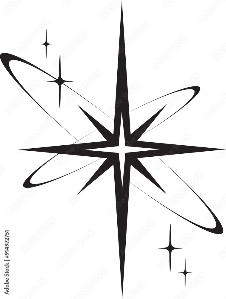 Line icon of star. Y2k shiny element. Sparkles and glitter symbol. Retro graphic of minimal figure. Magic black twinkles sun and moon with cosmic orbits