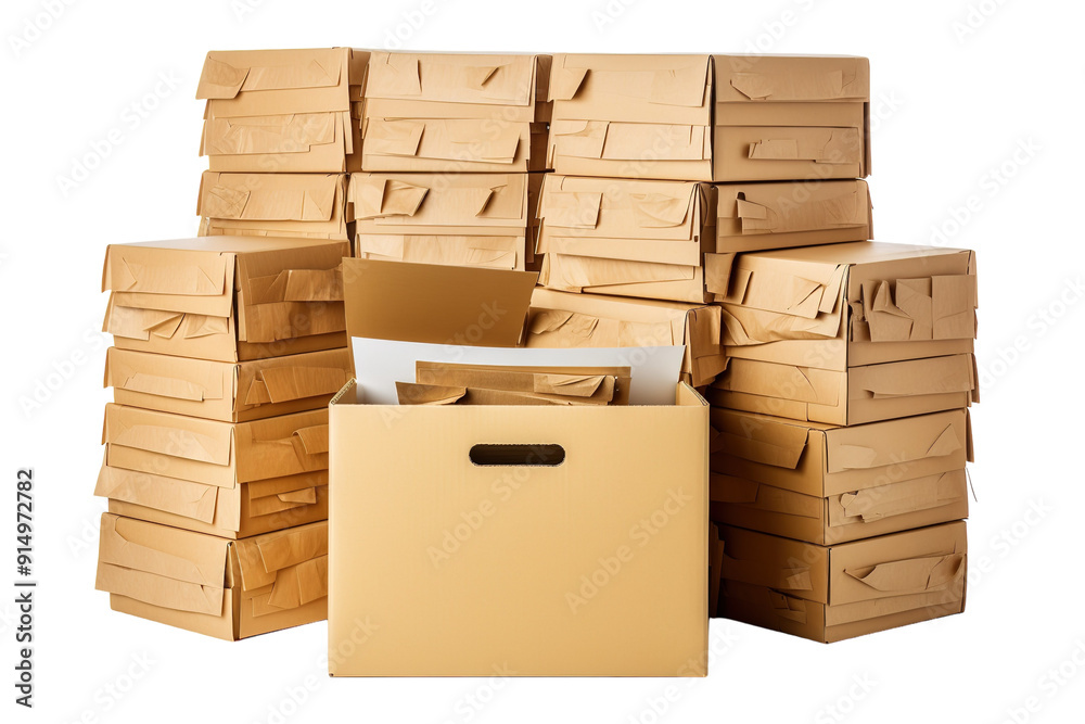 Stacks of Unlabeled Cardboard Boxes Awaiting Organization in a Sunlit Room on Transparent PNG Background. Stacks of Unlabeled Cardboard Boxes Awaiting Organization in a Sunlit Room on Transparent PNG Background.