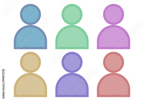 Hoja de iconos de perfil de usuario azul, verde, rosa, amarillo, naranja y morado
