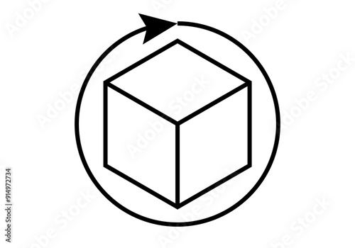 Icono negro de cubo con flecha circular representando rotación