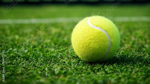 tennis ball on tennis gras court. Image with copyspace, art