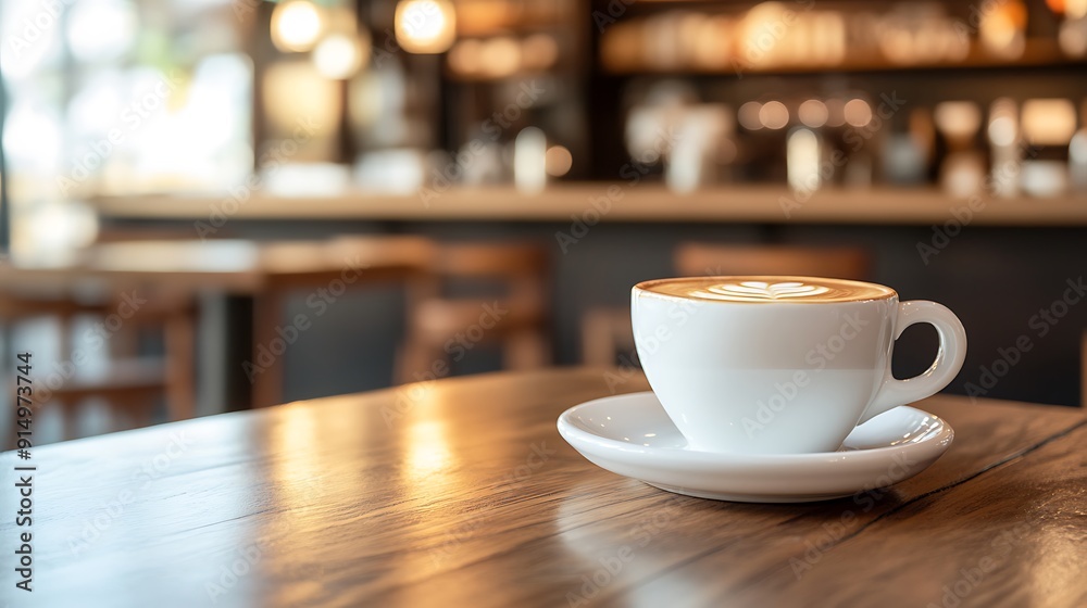 A Cup of Latte on a Wooden Table in a Cafe A Cup of Latte on a Wooden Table in a Cafe