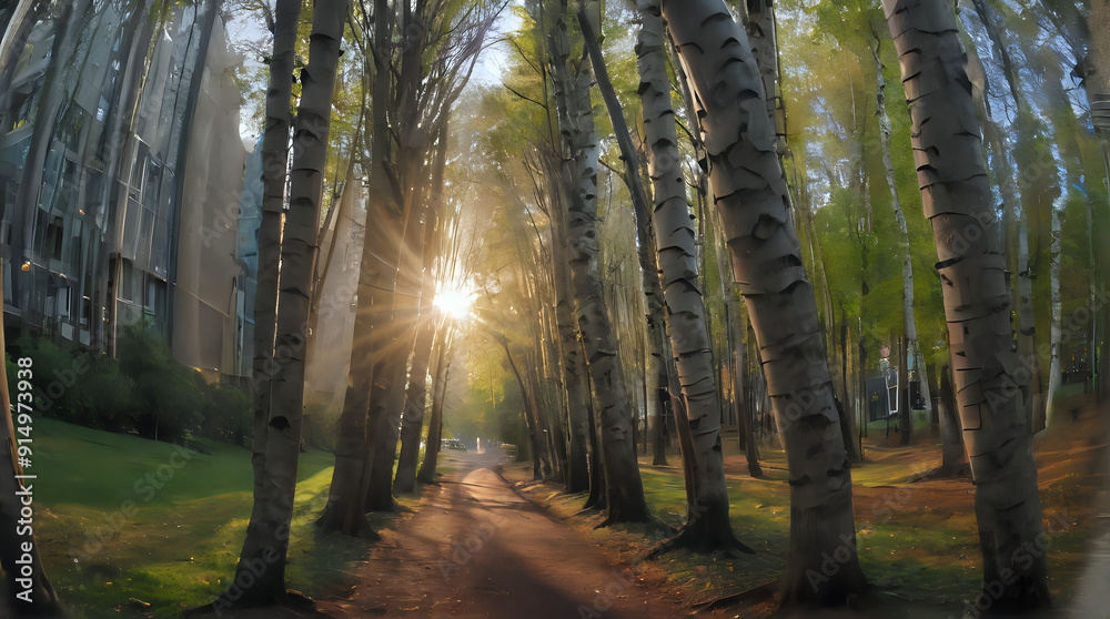 Obraz premium a view of a path through a forest with trees