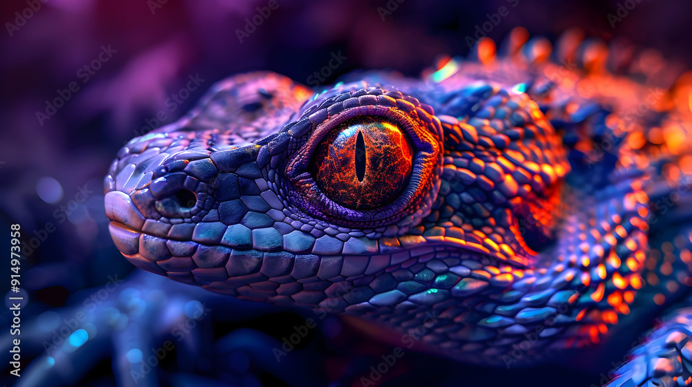 Obraz premium Close-Up of a Lizard's Eye with Neon Lighting