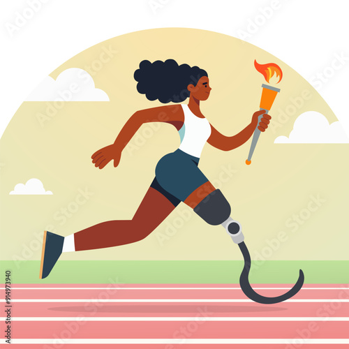 Sports athletic girl paralympian with prosthetic legs running with a flaming torch. Female torchbearer at an international sports event. Vector illustration