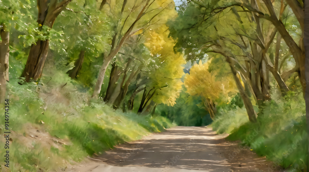 Fototapeta premium painting of a dirt road with trees lining both sides