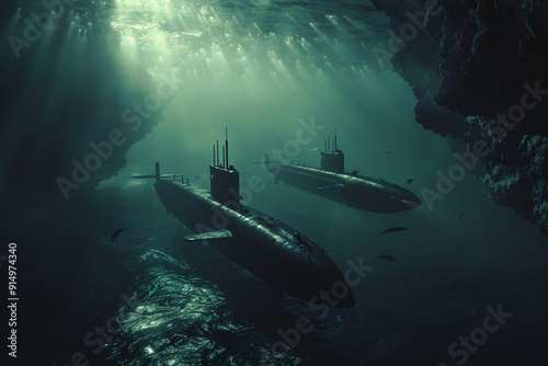 An atmospheric 3D scene of AI-controlled submarines patrolling the ocean depths photo