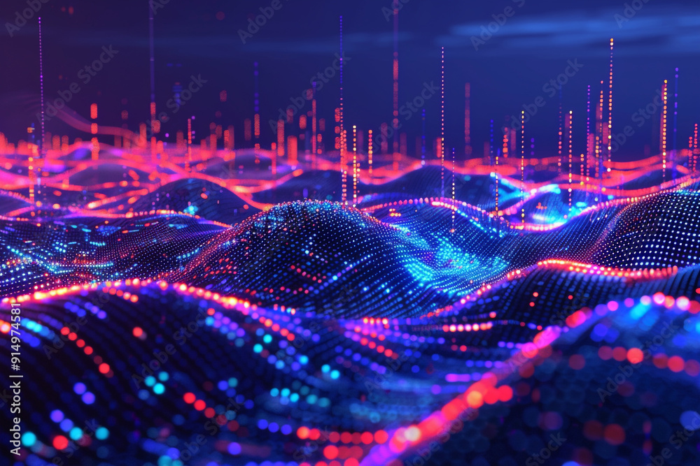 Fototapeta premium An eerie 3D visualization of a digital landscape where data privacy and security are constantly under siege by AI-driven malware