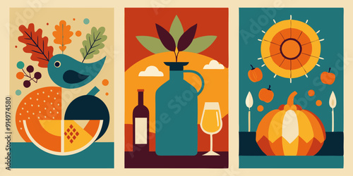 Three posters featuring a bird, bottle, glass, and pumpkin. This collection features a unique set of three artistic posters, including a beautifully illustrated bird, a stylish bottle, an elegant glas