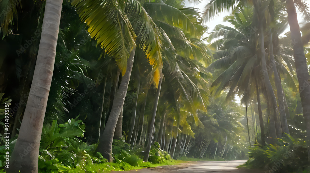 a man riding a horse down a road between palm trees a man riding a horse down a road between palm trees