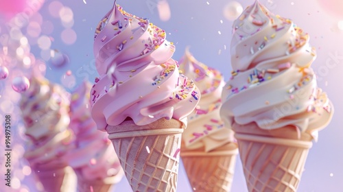 Three Delicious Ice Cream Cones with Sprinkles