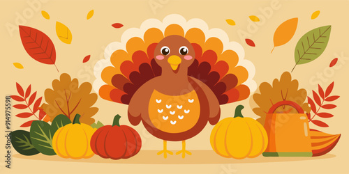 A turkey is standing next to a variety of pumpkins and colorful leaves. A turkey is standing proudly next to a generous array of pumpkins and colorful autumn leaves scattered around it on the ground