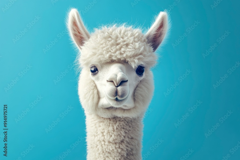 Obraz premium Funny white alpaca on blue background, ai