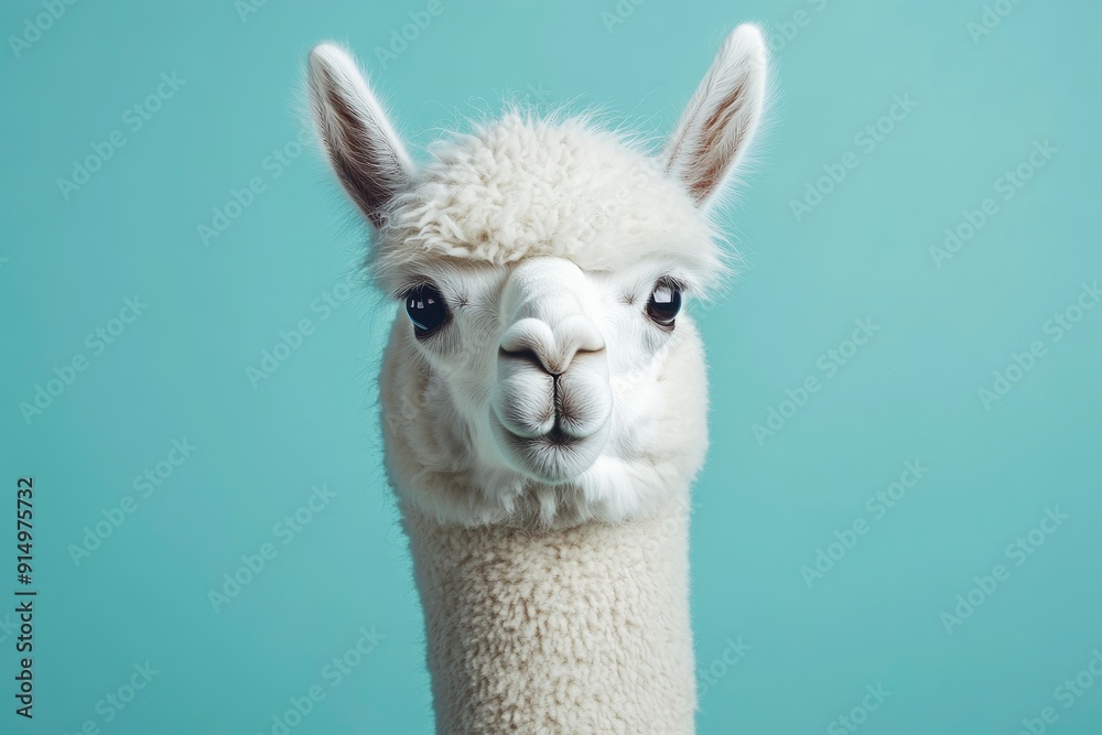 Obraz premium Funny white alpaca on blue background, ai