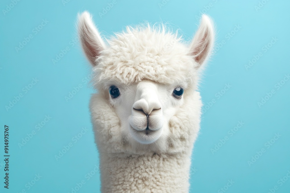 Obraz premium Funny white alpaca on blue background, ai