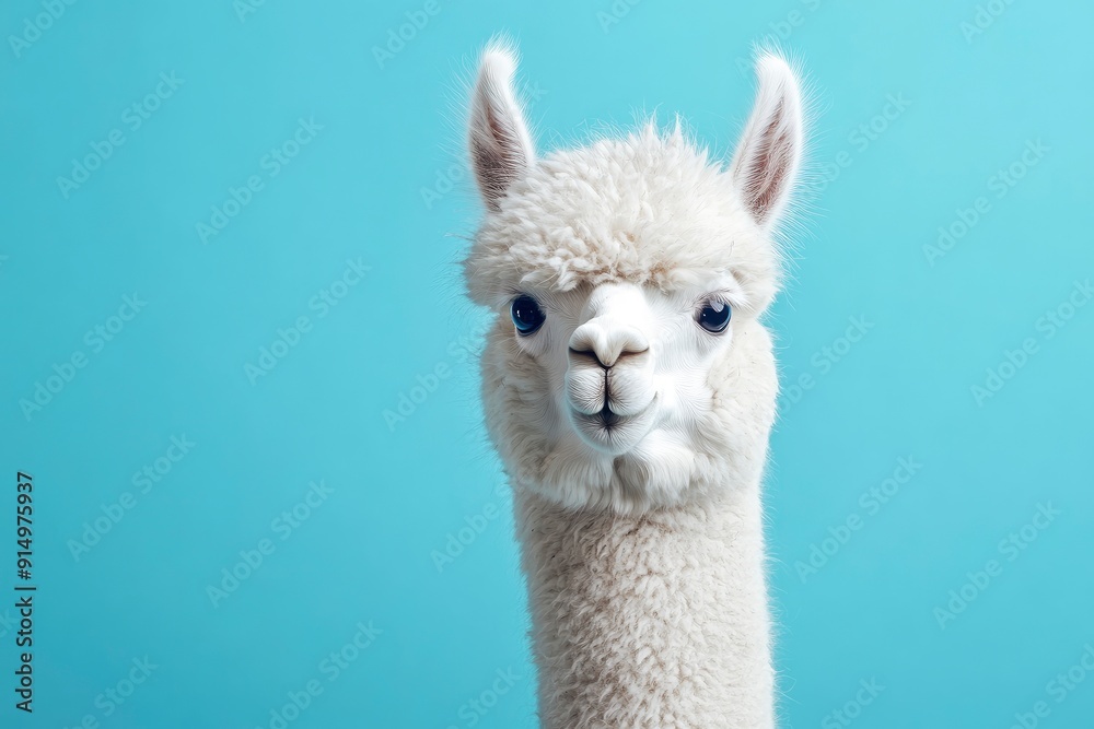 Fototapeta premium Funny white alpaca on blue background, ai