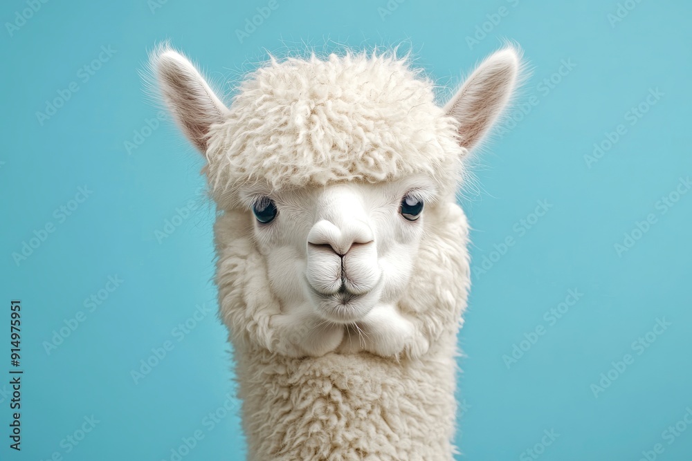 Funny white alpaca on blue background, ai Funny white alpaca on blue background, ai