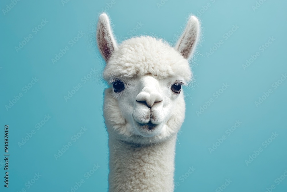 Obraz premium Funny white alpaca on blue background, ai