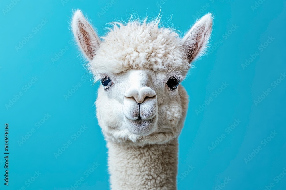 Obraz premium Funny white alpaca on blue background, ai