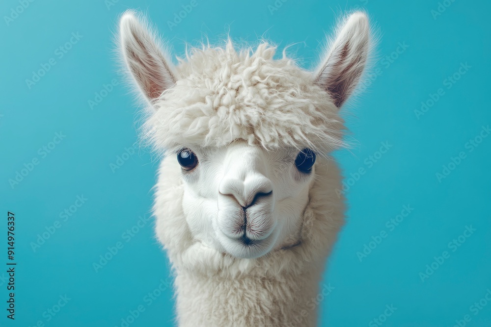 Fototapeta premium Funny white alpaca on blue background, ai