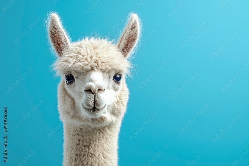 Obraz premium Funny white alpaca on blue background, ai